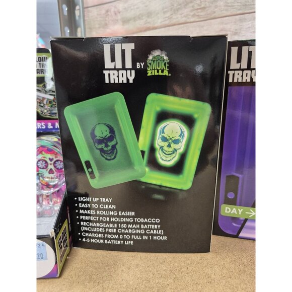 Smokezilla Lit Tray Light-Up Rechargeable Rolling Tray With Green & Black Skull - Picture 2 of 6